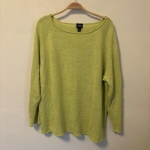 Eileen Fisher Sweater 100% Linen Green Yellow Boat Neck 2X Coastal Quiet Luxury